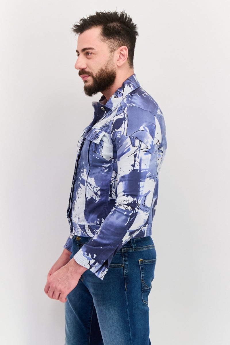 TRUSSARDI Men Allover Print Jacket Shirt, Blue - Image 2